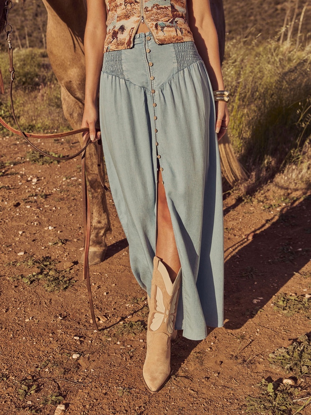 New Western Chic Vibes: High-Waisted Smocked Chambray Denim Maxi Skirt